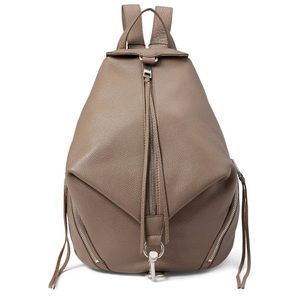 REBECCA MINKOFF Julian Leather Backpack Taupe Gray Tan Beige Silver Large Zip